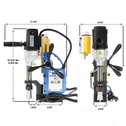 Front and side view of Champion RotoBrute AC35 MiniBrute magnetic drill press; blue body, black handles, yellow bottle.