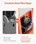 Manual winch stacker with orange frame; side-by-side nylon and steel wire rope comparison.