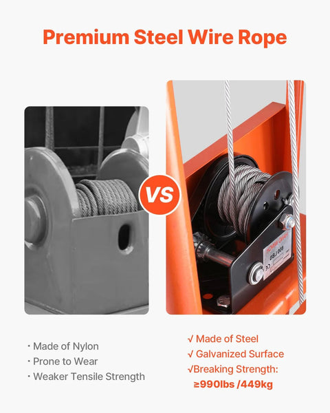 Manual winch stacker with orange frame; side-by-side nylon and steel wire rope comparison.