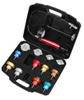 Cooling System Radiator Coolant Pressure Leak Tester Manual Hand Pump Gauge 14 Piece set in black case showing adapters and gauge.