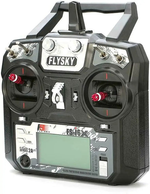 Six To Ten Channel 2.4GHz AFHDS RC Transmitter With Bidirectional Data Capable Receiver featuring screen and control sticks.