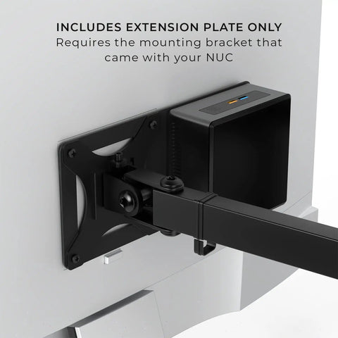 VESA NUC Mounting Bracket Behind Your Monitor, Extension Plate For Intel NUC Mini PC on a VESA arm, showing cable management