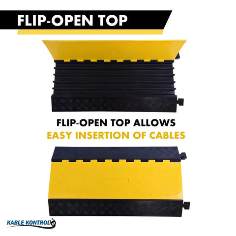Heavy Duty Cable Protector Ramp 5 Channel 36 Inch Long Black And Yellow Rubber Wire Protector with flip-open top