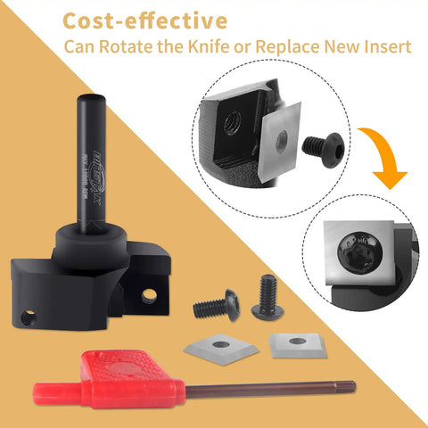 Beefy CNC Spoilboard Surfacing Router Bit With 1/4 Inch Shank And 1-1/2 Inch Cutting Diameter, showing rotatable insert and tool