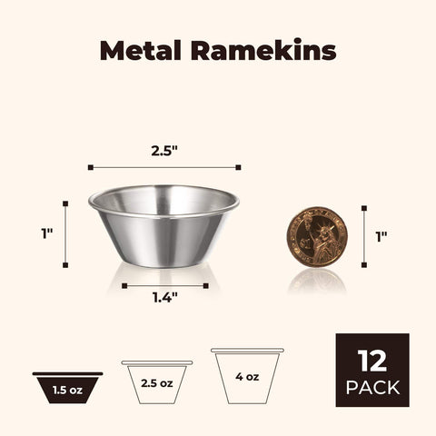 12 Pack One And A Half Ounce Stainless Steel Dipping Sauce Cups Reusable Metal Ramekins Commercial Grade Condiment Bowls