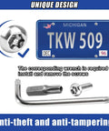 4 Piece Stainless Steel License Plate Screw Set with wrench and tamper-resistant bolt for secure installation.