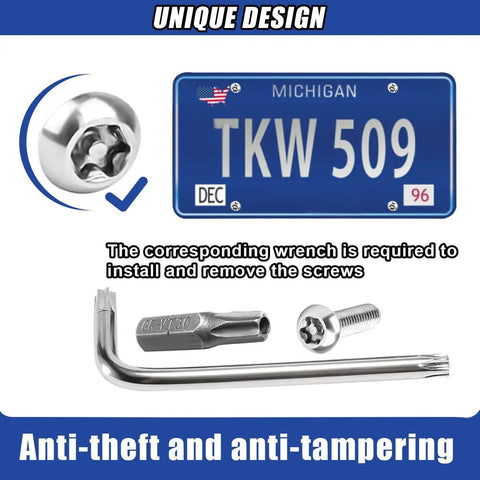 4 Piece Stainless Steel License Plate Screw Set with wrench and tamper-resistant bolt for secure installation.