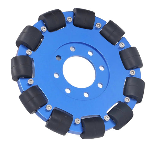 5-inch omnidirectional wheel for robots with aluminum alloy design and dual-bearing silicone rollers for smooth mobility.