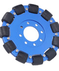 Front view of blue 5-inch omnidirectional wheel with aluminum hub and silicone rollers