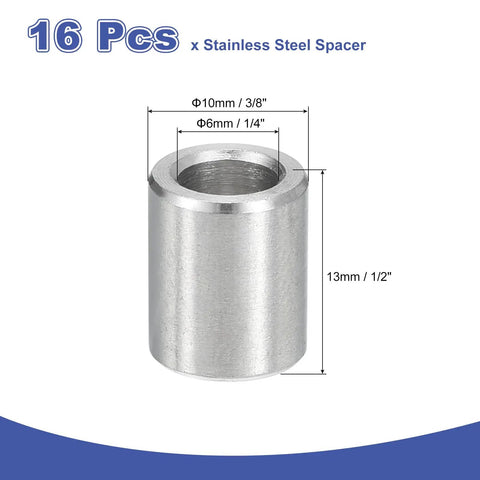 16 Pack 304 Stainless Steel Spacers Unthreaded Round Standoffs With Quarter Inch Inner Bore And Three Eighth Outer Width Half Inch Length showing 13mm length and dimensions.
