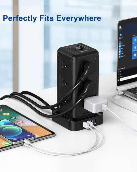 12 Outlet Surge Protector Power Strip With 4 USB Ports And A 10 Foot Cord in use at a desk, powering multiple devices, showing fireproof design.