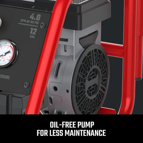 Heavy Duty 12 Gallon Air Compressor Powers Up Silky Quiet With An Oil Free Build, featuring a durable oil-free pump.