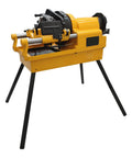 Heavy Duty 220V Electric Pipe Threader And Cutter With Trade Grade NPT BSPT Dies Half To Three Inch Metal Tubing Rock Solid Multifunction Threading Reamer 750W Shop Staple on black legs.