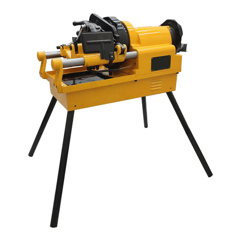Heavy Duty 220V Electric Pipe Threader And Cutter With Trade Grade NPT BSPT Dies Half To Three Inch Metal Tubing Rock Solid Multifunction Threading Reamer 750W Shop Staple on black legs.
