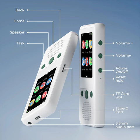 A5 Kids MP3 Player With Bluetooth And 2.4 Inch Touch Screen, No WiFi, 65 Hour Playback, Built In Speaker showing ports and buttons