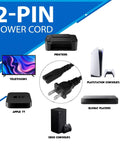 Dead Nuts Reliable Five Foot AC Two Prong Heavy Duty Replacement Power Cable That Just Works For PS5 Xbox Series X TV Monitors Speakers And Printers Black With Molded Design showing usage with various electronics.