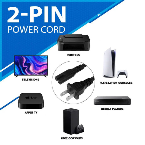 Dead Nuts Reliable Five Foot AC Two Prong Heavy Duty Replacement Power Cable That Just Works For PS5 Xbox Series X TV Monitors Speakers And Printers Black With Molded Design showing usage with various electronics.