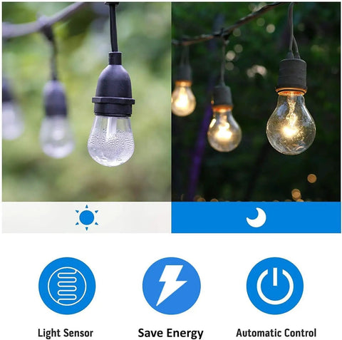 Heavy Duty Outdoor Christmas Light Timer Featuring Dusk to Dawn Sensor Technology and All Weather Waterproof Construction Hella Snug Fit 2 Grounded Outlets Rated at 15 Amps plus Half HP Draw Adjustable Countdown Modes 2 Pack Set for Holiday Decor showing light sensor with lit and unlit bulbs.