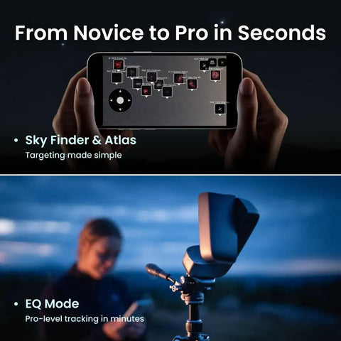 Pocket Size Mini Smart Telescope With App Control For Travel Camping And Hiking Grab And Go Ultra Lightweight Portable Astronomy Scope For Dark Sky Stargazing Backpacking And Adventure, app screen and tripod view