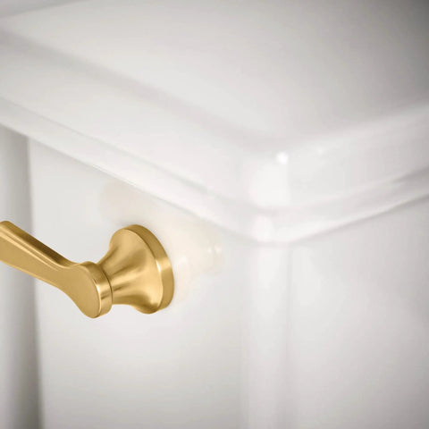 Brushed Gold Toilet Tank Flush Lever 3.31 Inch, Transitional Metal Decorative Handle on white toilet close-up view
