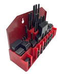 1/2 Inch T-Slot Clamping Kit, 58-Piece Milling Machine Fixture Set with nuts, bolts, horns, gauges on red organizer