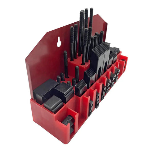1/2 Inch T-Slot Clamping Kit, 58-Piece Milling Machine Fixture Set with nuts, bolts, horns, gauges on red organizer