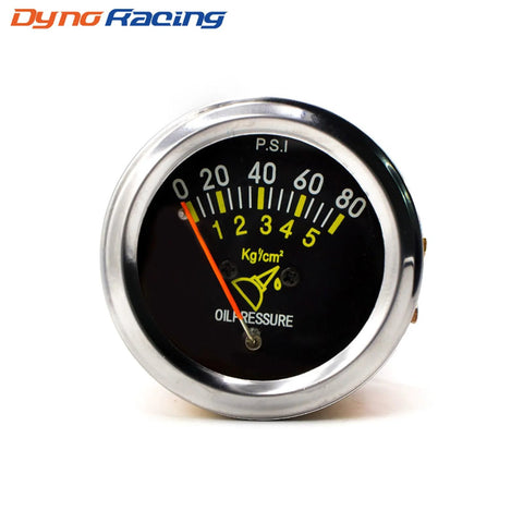 Oil pressure gauge, 2-inch (52mm) mechanical, black face with 0–80 PSI scale, chrome bezel, orange needle.