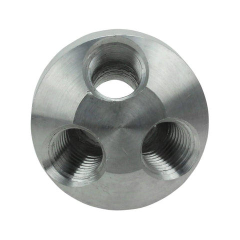 Top view of aluminum Three In One One Quarter Inch FNPT Hose Manifold For Supplying Three Air Tools From A Single Inlet Easy Tool Changes