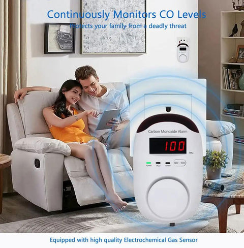 Plug-In Carbon Monoxide Alarm With LED Digital Display And Voice Alert in a living room monitoring CO levels, easy plug-and-play installation.