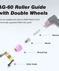 AG-60 Roller Guide with Double Wheels diagram, showing electrode, nozzle, shroud cup, and roller guide components for plasma cutters.