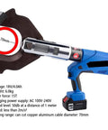 Electric Ratchet Hydraulic Cable Cutter With LED Display And Battery, showing 70mm cutting capacity and specifications