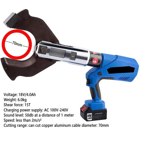 Electric Ratchet Hydraulic Cable Cutter With LED Display And Battery, showing 70mm cutting capacity and specifications