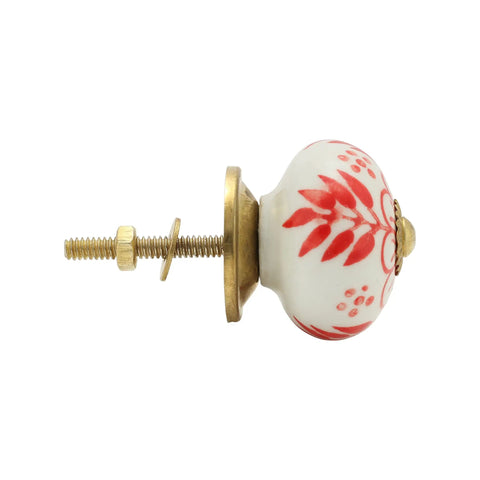 Handmade Ceramic Knob Set of 4 for Dresser and Kitchen Cabinets Red Floral Farmhouse Style Boho Drawer Handles side view with hardware.
