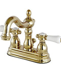 4 Inch Centerset Bathroom Faucet In Polished Brass With Drip Free Ceramic Disc Cartridge Deck Mount 3 Hole Install Victorian Style