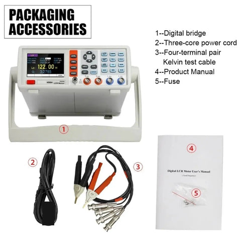 4090B Digital LCR Meter Desktop Tester Measures Capacitance Resistance Inductance Impedance With 3.5 Inch TFT Screen Remote Control And Sorting Feature For Cool Tech Enthusiasts - Includes tester, power cord, cables, manual, and fuse.