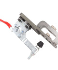Angled view of 35mm hinge boring jig kit; aluminum alloy construction with red handle and clamp