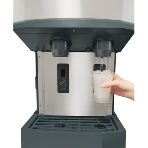 Heavy Duty Countertop Nugget Ice Maker And Touchfree Water Dispenser Cranks Out 500 Lbs Daily, filling a cup with nugget ice.