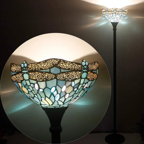 Sea Blue Tiffany Dragonfly Floor Lamp With 71 Inch Pole Torchiere And 12 Inch Shade Stained Glass Uplight For Your Bedroom