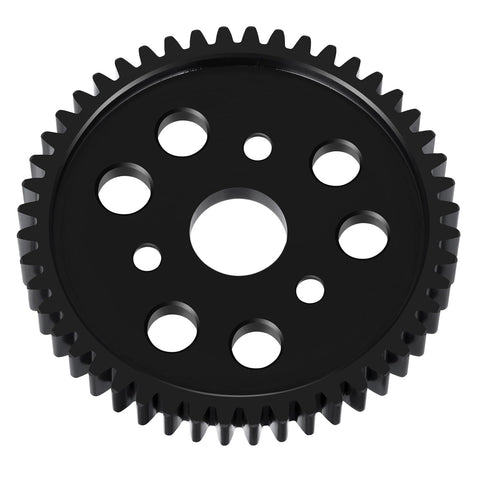 Close-up of black Sturdy Steel 48T M1 Spur Gear Set For One Tenth Scale RC Cars Upgrade Fits Traxxas Arrma Losi HPI Savage Hobao Revo.