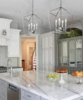 Four Light Lantern Pendant With Industrial Geometric Steel Cage And Candle-Style Bulbs, Chrome Finish Chandelier in kitchen