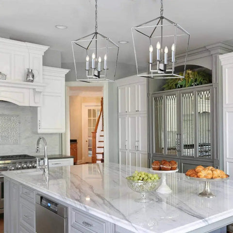 Four Light Lantern Pendant With Industrial Geometric Steel Cage And Candle-Style Bulbs, Chrome Finish Chandelier in kitchen