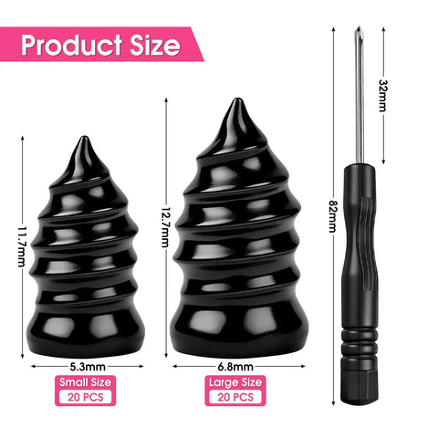 40 Piece Tire Repair Kit with Two Sizes of Screw In Rubber Nails and 0.27 Inch Screwdriver, shown with product dimensions