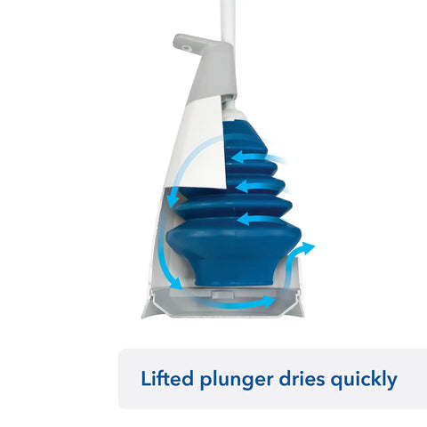 Top Shelf Toilet Plunger With No Drip Carrying Caddy and Suction Lock Seal that Kicks Gnarly Drain Clogs Swift, showing drying process.