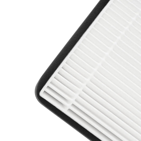 Close-up corner view of 2 pack replacement HEPA filter for Filtrete room air purifier models C01 T02 FAP 12 by 6.75 inches.