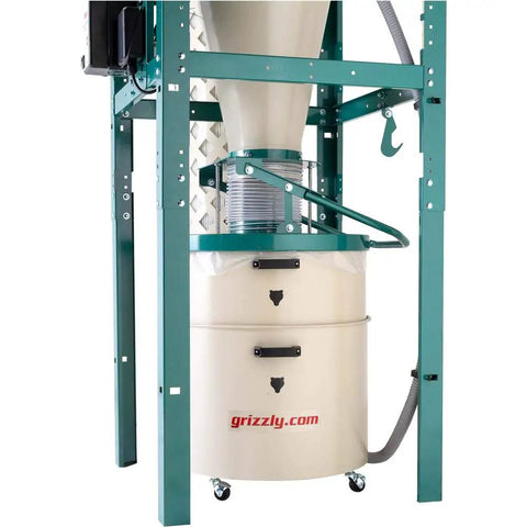 Heavy Duty Three Horsepower Cyclone Dust Collector Workhorse With Fifty Five Gallon Steel Drum and slick polyester cartridge filter.