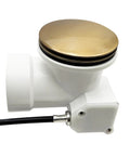 Top Shelf 35 Inch Cable Driven Bath Drain Trim Kit With Rotary Overflow Cover And Smooth Pop Up Stopper Featuring Schedule 40 PVC Construction And Slick Champagne Bronze Finish, close-up of bronze top and white PVC assembly.
