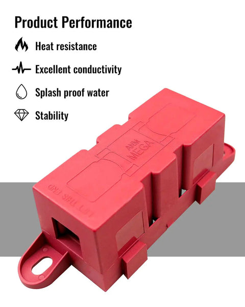 Beefy 500 Amp M8 Bolt On Fuse Holder With Heavy Duty Circuit Protection For Rough Automotive And Industrial Wiring Upgrades. Red, compact design for durability.
