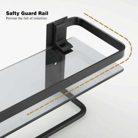 Black Glass Bathroom Shelf Wall Mounted 15.7 Inch Tempered Glass Shelving with safety guard rail detail