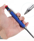 Solid Grip Mechanical Carpenter Pencil Set With Interchangeable Refills Featuring Wide Mouth Deep Hole Marker Heavy Duty Woodworking Gear For Framers Inspectors And Tradesmen Tight Fit Build Job Site Ready in hand showing lead tip.