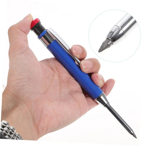 Solid Grip Mechanical Carpenter Pencil Set With Interchangeable Refills Featuring Wide Mouth Deep Hole Marker Heavy Duty Woodworking Gear For Framers Inspectors And Tradesmen Tight Fit Build Job Site Ready in hand showing lead tip.